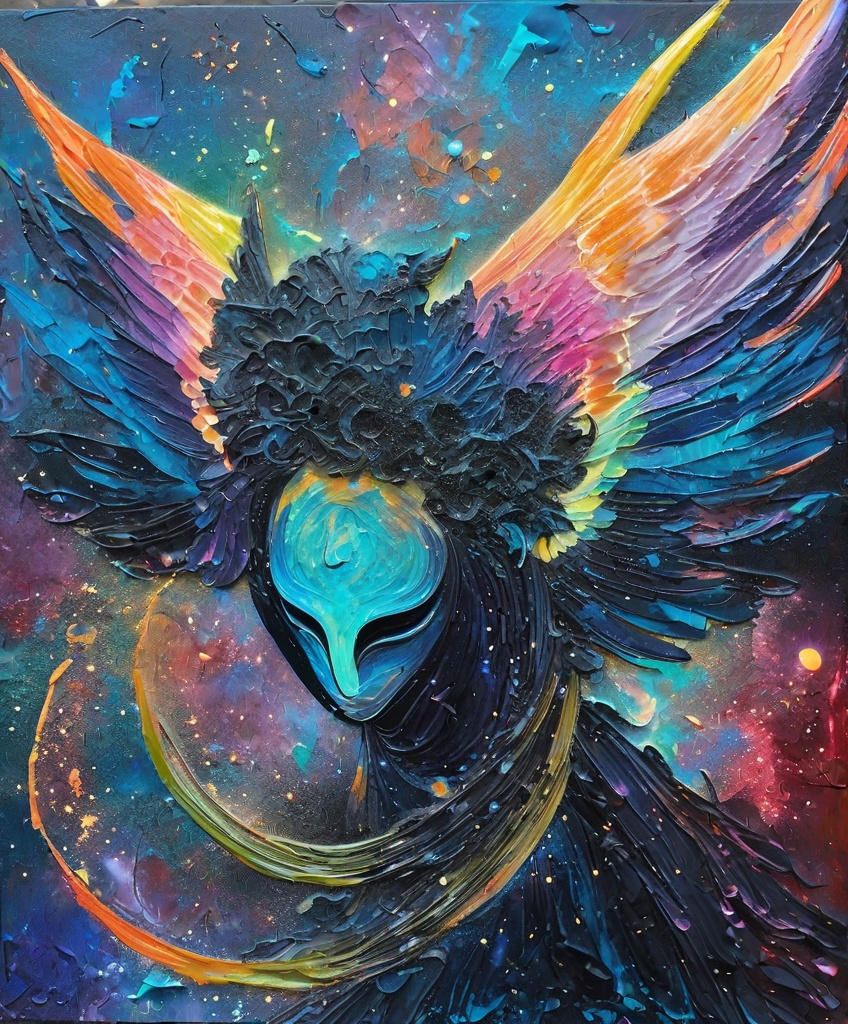 Prompt: Beautiful Ophidian Angel demon made of bioluminescent hyperbolic graffiti, cosmic dust, impressionistic color palette, impasto, craquelure 