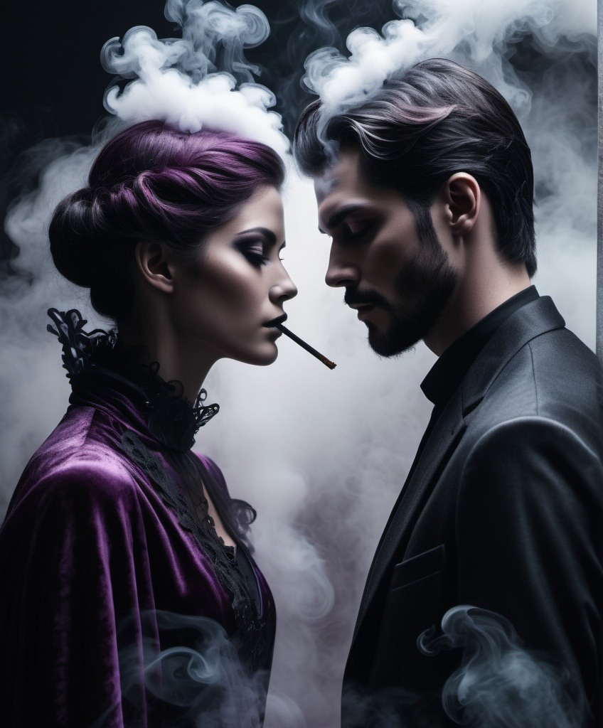 Prompt: smoky headed couple, black plums of fluid smoke simulation flow from the neck, the gate keepers fantasy, sinister, unnerving 