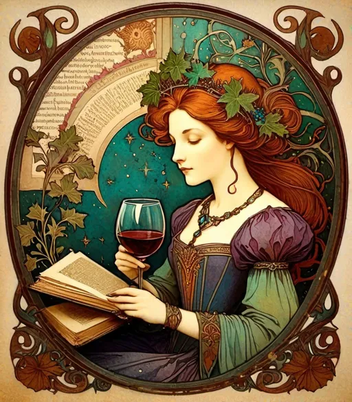 Prompt: pyrograhic voynich colored book print,marginalia lady and wine,medieval grunge 