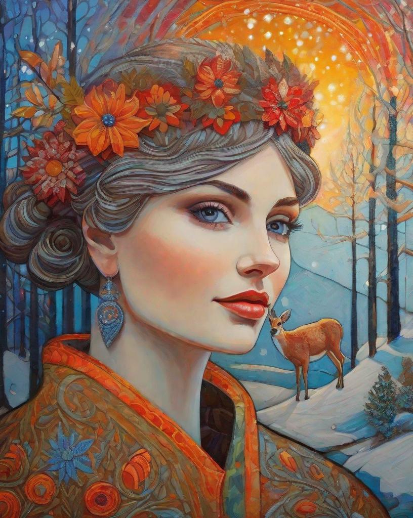 Prompt: A very beautiful lady, fawncore, winter sunrise, praise the sun, textured painting, impasto, fauvist, magical realism style, art by  Emily Balivet, Del Kathryn Barton, Elsa Beskow