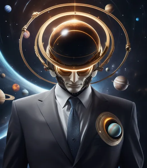 Prompt: a heliocentric humanoid with a head made of the planet Saturn, orbiting planets around head, rings, cosmic background, hyperrealistic, wearing a suit, dynamic cinematic composition, full profile