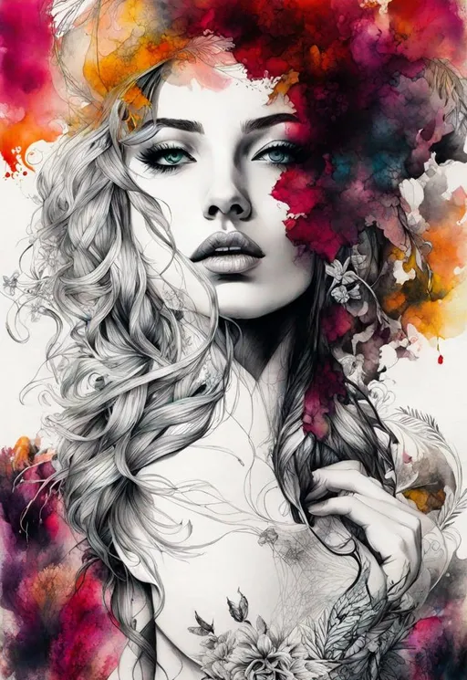 Prompt: Dazzling Female beauty Art by Gabriel Moreno, through graphic and elegant image, lines that show beauty and hide fragility, fear, ephemeron, sensuality, and tattoo lines, coursing through the skin of the figure and revealing what its beauty hides. Mixed media, Highly detailed, intricate, beautiful, high definition, fantastic view. 3d, Watercolors and Ink, intricate details, volumetric lighting