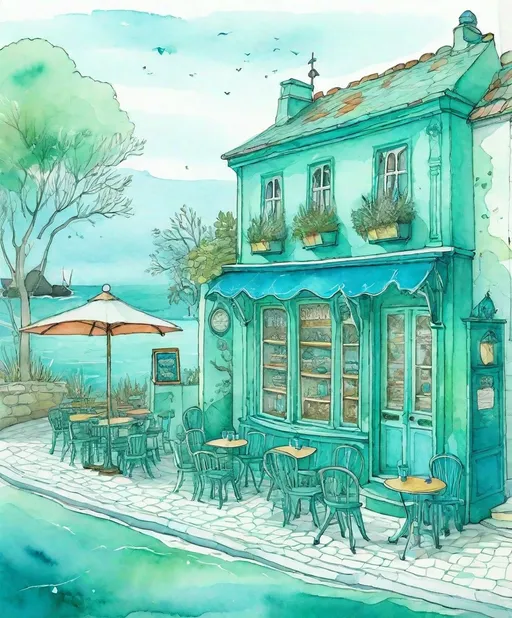 Prompt: gairndhu vintage garage sale shop & cafe, in the style of whimsical illustration, sea green and blue, medievalist, bombacore, endurance art, british topographical, aquarellist 