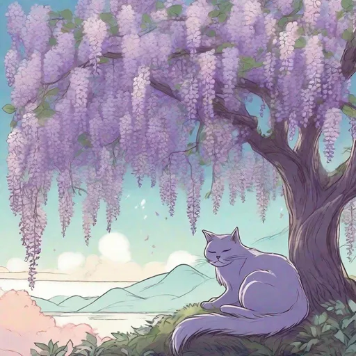 Prompt: A serene manga illustration of a gentle monster, resembling a giant cat, sleeping under a wisteria tree in full bloom. Soft lines, pastel colors. Created Using: manga-style soft shading, delicate linework, pastel color palette, peaceful expression, dreamy atmosphere, fluffy fur texture, detailed wisteria blossoms, tranquil setting 