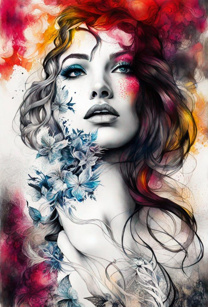 Prompt: Dazzling Female beauty Art by Gabriel Moreno, through graphic and elegant image, lines that show beauty and hide fragility, fear, ephemeron, sensuality, and tattoo lines, coursing through the skin of the figure and revealing what its beauty hides. Mixed media, Highly detailed, intricate, beautiful, high definition, fantastic view. 3d, Watercolors and Ink, intricate details, volumetric lighting