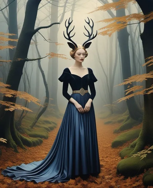 Prompt: Style by Laurie Simmons, Kathleen Lolley, Anastazja Markowicz, Erwin Blumenfeld, Meret Oppenheim, Yoann Lossel, Dan Hillier, Peter Lippmann, Abigail Larson, Catrin Welz-Stein,  The wandering beautiful mythical  mage, she sings a whimsical tune to enchant the animals, whimsical landscape, Vivid warm colors (use colors like: peach, indigo, purple, yellow), beautiful, dreamy. 