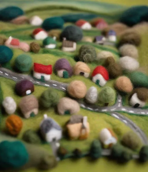 Prompt: needle felted arial shot of quaint village and rolling hills and farmland 