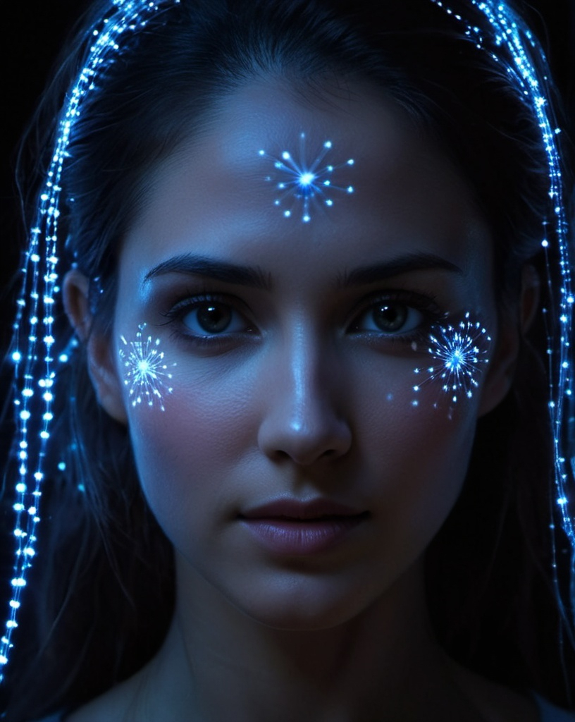 Prompt: Portrait of a beautiful woman emerging from the darkness with tiny vessels - optical fibers and extremely decorative will-o'-the-wisps on her face