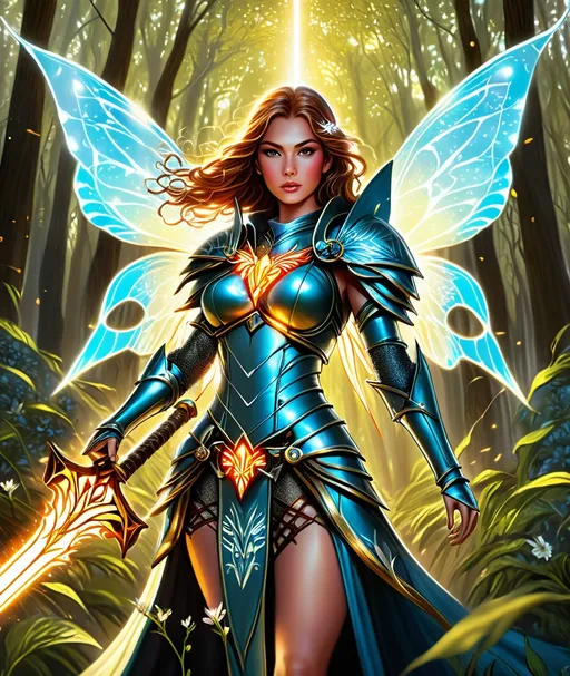 Prompt: angelic faerie witchblade, spread butterfly pixie wings, in the spring hour sky over a rattan forest, medieval armor with geoglyph engraves, in action, with a lumino kinetic glowing sword, fire and hope, comics cover by dandofuga, faerietale couture, dark fantasy, celestialpunk, bentoism