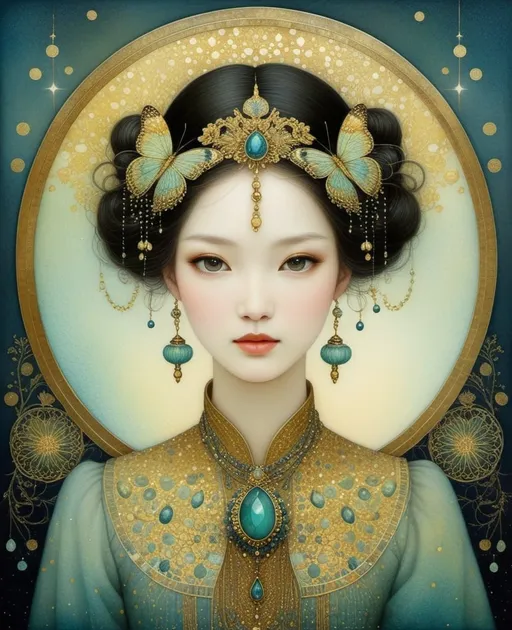 Prompt: I cannot keep my eyes of you, Stephanie law, catrin Welz -stein, pointillism style , gold accents