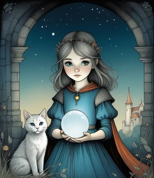 Prompt: medieval grunge fairy tale, return after long wanderings, a a pretty girl and her cat vampire follow the great orb, in the style of fragmented memories, portraiture with emotion, lightbox, child-like innocence, pensive stillness, in the style of Chris Riddell and Marjorie Miller 