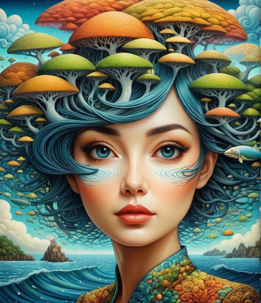 Prompt: abstract art of a woman on an ocean landscape, in the style of psychedelic portraits, steve sack, fantastical street, detailed arboreal facial features, uhd image, naoto hattori, colorful street murals 