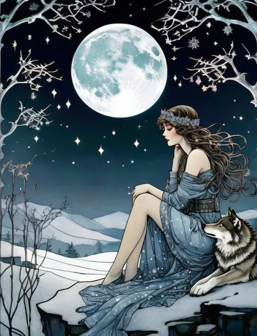 Prompt: the wolf of winter and the patchwork girl, a patchwork girl embracing the wolf, constellations, quiet and sad, Fantasy art by arthur rackham, by virginia frances sterrett, intricate detail, moonlight, color infrared photography, trending on artstation, stars, by gustav klimt, 16k, barbed wire constellations 