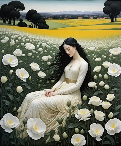 Prompt: Peeling encaustic texture, Nico Delort, Paolo Uccello, Childe Hassam, the beguilling goddess of death lounges in a field of lisianthus, She inspires fear, yet we are drawn to her. Seeking her embrace and the resulting serenity. 