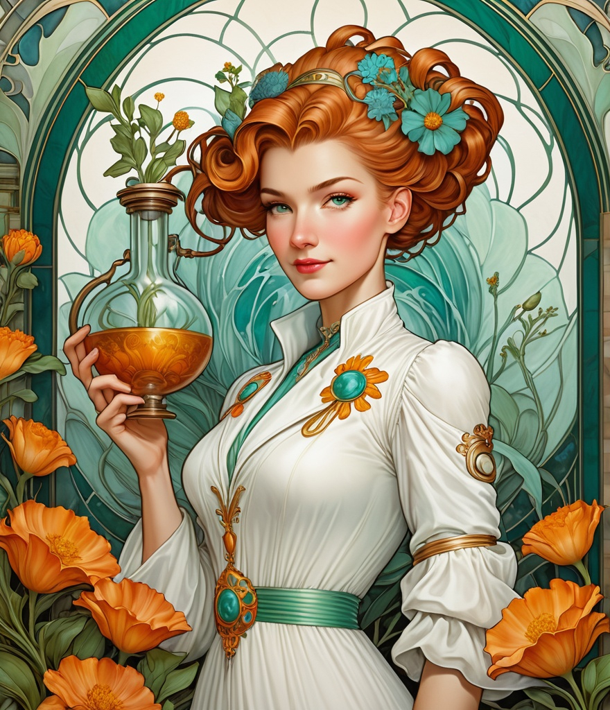 Prompt: "A portrait of a female scientist in the Art Nouveau style, reminiscent of the Statue of Liberty. She confidently holds a chemistry carafe aloft, dressed in a white lab coat fused with Art Nouveau fashion, adorned with floral patterns and intricate detailing. Her hairstyle is elaborate, typical of the period. The background is rich in Art Nouveau motifs, with organic forms, flowing lines, and stylized natural elements. The image resembles a tempera on canvas, capturing the textures and colors of the Art Nouveau era. The scientist is a beautiful woman with intricate, styled hair, embodying confidence and elegance." 