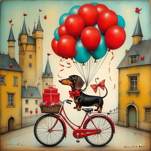 Prompt: style by Graciela Rodo Boulanger, Sam Toft, Sue Reno, catrin Welz-stein, Yvonne Coomber, Jan Brett: A dachshund dog wrapped in red ribbons and being lifted by seven red balloons while a cute princess girl in a bicycle laughs about it, whimsical background, dreamy surreal quality, Encaustic paint, 
