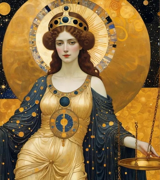 Prompt: heliocentric princess space, lady justice by  gustav klimt 