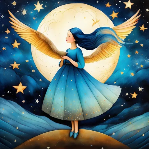 Prompt: In style of christian Schloe and daria Petrilli, a beautiful cute girl with a very long and wild  ombre gradient blue hair flying in a colorful giant bird back in a beautiful starry sky. Craquelure, egg tempera effect , Naive art, extremely detailed, optical illusion, oil painting 