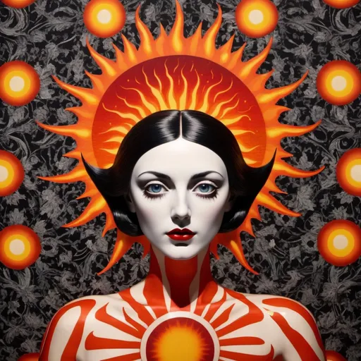 Prompt: flaming heliocentric sun god vampire in fornasetti style, by laurie simmons, whimsical tapestry background 