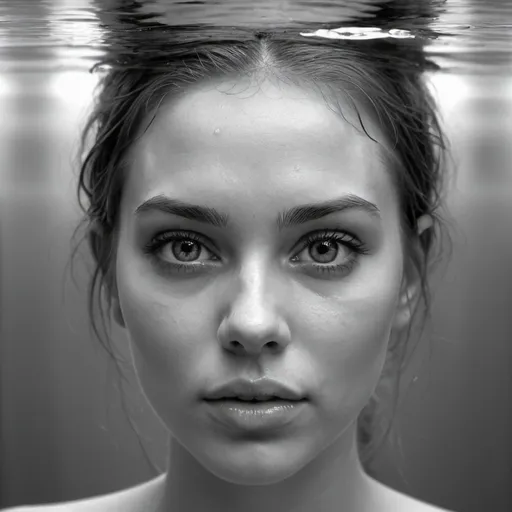 Prompt: Beautiful expressive girl face, close-up, greyscale, Cornholio abstract scrapbooking reflection, silk, solo, transparent, wet, wet hair