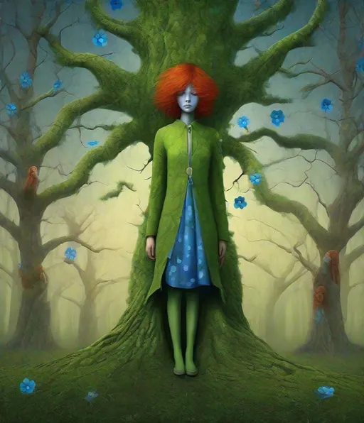 Prompt: anthropomorphic tall green tree with blue flowers, good tree with friendly old face, carrying the lonely pretty brave girl, wild red hair, grey eyes in it branches concept art by igor morski , Millie Marotta, Jackie Morris, Javier Mariscal, Kelly McKernan, whimsical forest, magical night, surreal dreamlike portrait, fantasy, imaginative, beautiful, colorful, extremely detailed, intricate, lovely, award winning fantastic