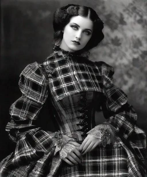 Prompt: photonegative refractograph beautiful gothic girl in tartan haute couture 