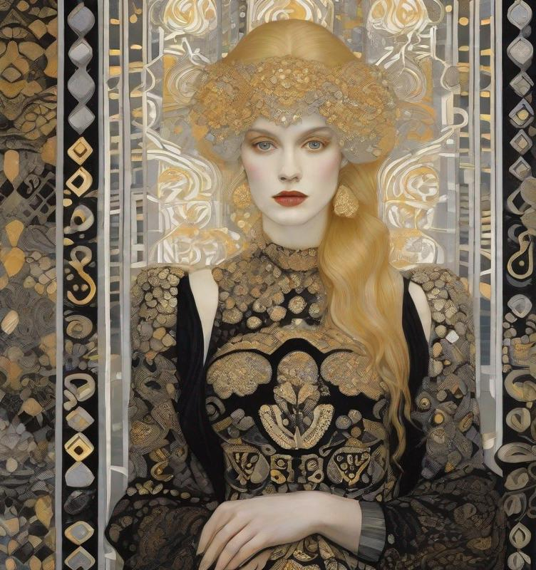 Prompt: a blonde woman in a black top and a gold dress, in the style of detailed fantasies, light black and gray, , intricately detailed patterns, babycore, white and black, sculpted, by Gustav Klimt 