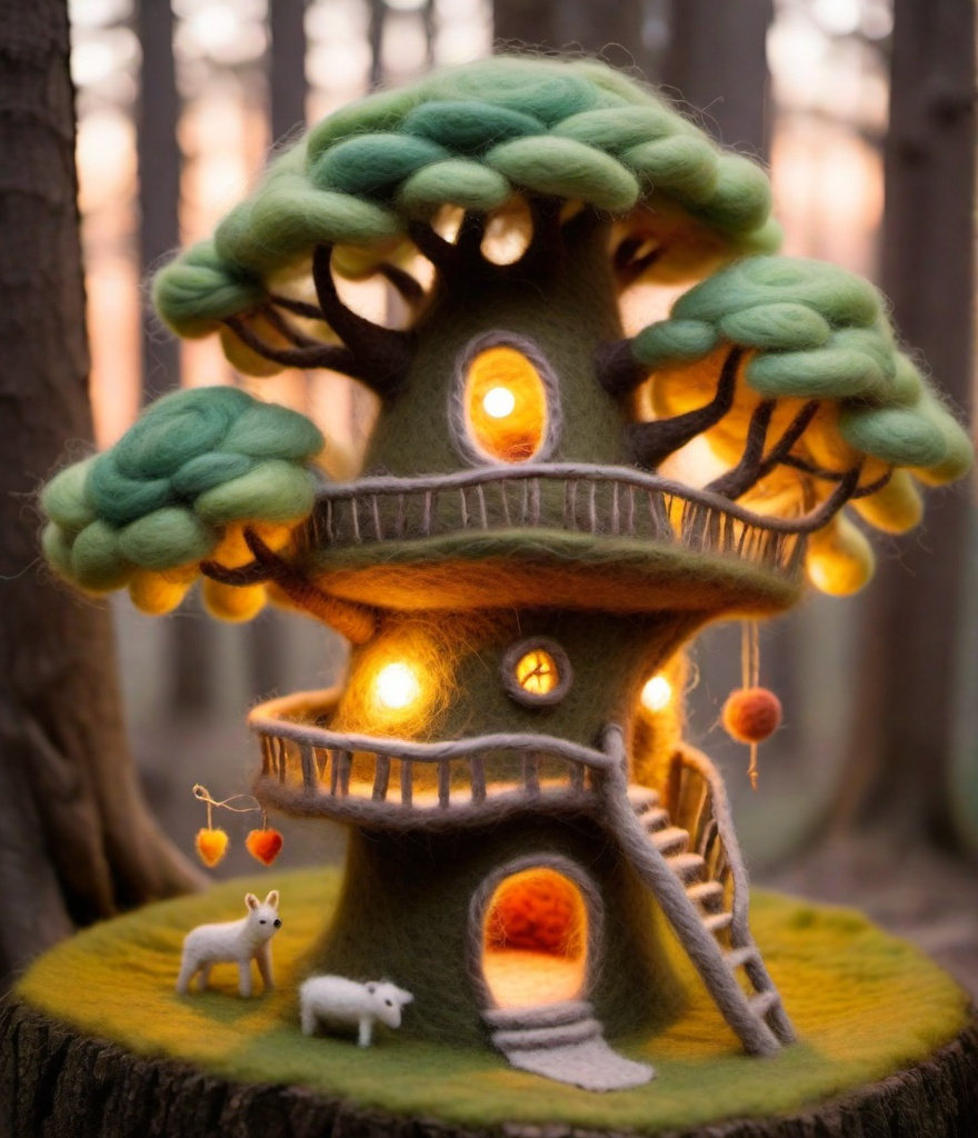 Prompt: a needle felted treehouse workshop deep in the mystical fiber forest where the feels are truly felted with tender love and care with earthy colors organic sculptures and spacecore lighting at sunset 