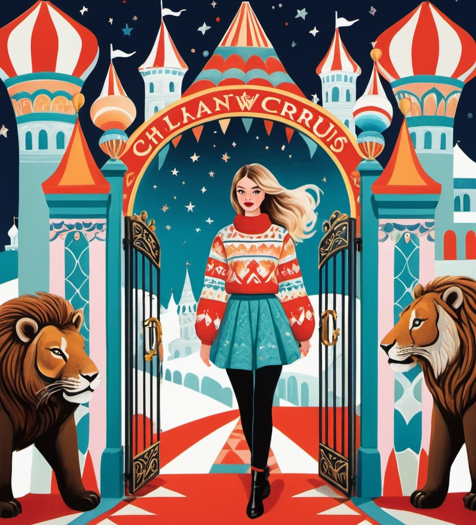 Prompt: Bond girl with blowing hair climbing gate to the Moscow circus with giant animals , in the style of chalcedony folk art-inspired illustrations, bold patterned quilts, pastel colours, bloomcore, mixes painting and ceramics, precise, detailed architecture paintings, cute and dreamy, illustration by Olivia Gibbs, Victoria Ball, ugly sweater patchwork 