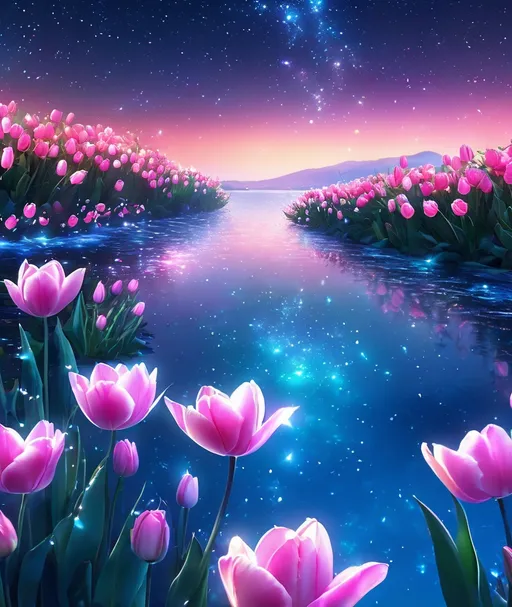 Prompt: The beautiful night sky panorama shines brightly. The boundless, colorful and luminous sea of tulips glows on the horizon, with lighting effects creating a soft and smooth magical particle, dreamy, ultra-clear, 4K, romantic, fairy-tale atmosphere. Pink roses floating on the water surface, starlight, aurora, art website trends, HD - v4, luminous. 