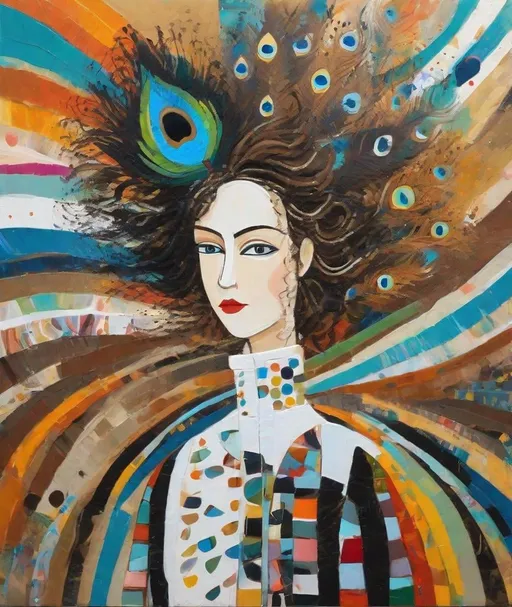 Prompt: Naive art, Style By Beatriz Milhazes, Anne Redpath, Sam Toft, Dina Wakley, Elisabeth Fredriksson, impasto brushstrokes texture, a whimsical young woman with surreal swirly hair with wild curls made of stripes, and peacock feathers in a palette of black, white, and shades of brown. She is wearing large round sunglasses, and red lipstick, and has a porcelain complexion. The woman is holding a small espresso cup with steam rising delicately from it. On her shoulder rests a vibrant green bird with a blue head, adding a pop of color to the scene. Her attire features a black and white polka-dot dress, and the background is composed of soft blue and white horizontal stripes.