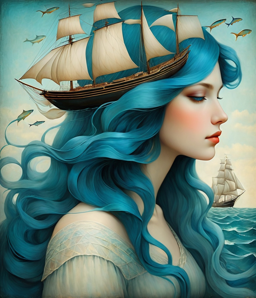 Prompt: In style of christian Schloe and daria Petrilli, a beautiful young lady, profile portrait, her very long and wild  ombre blue hair flows like a sea with sailing boats and fishes in it. Double exposure, Naive art, extremely detailed, optical illusion, oil painting 