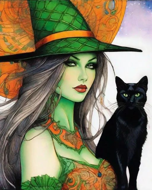 Prompt: A mesmerizing witch with pretty face and beautiful green eyes and her black cat art by Saturno Butto, Leon Bakst, Marc Allante, Charles Robinson, pol Ledent. inlay, watercolors and ink, beautiful, fantastic view, extremely detailed, intricate, best quality, highest definition, rich colours. intricate beautiful, award winning fantastic view ultra detailed, 3D high definition