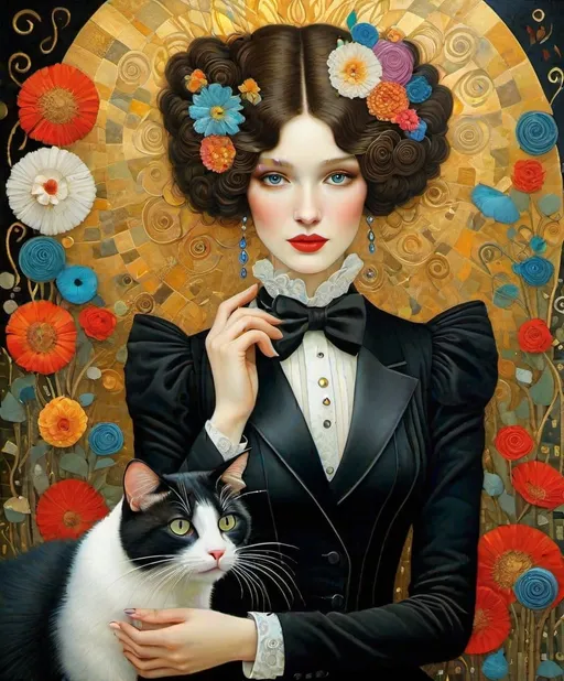 Prompt: Inspired by Catrin Welz - Stein, Victor Nizovtsev, Gustav Klimt, highly detailed and elegant painting, the eccentric beautiful lady and her tuxedo magical cat, organic surrealistic shapes, exquisite composition, intricate detail, ultra maximalism, flowers.
