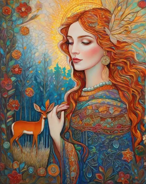 Prompt: A very beautiful lady, fawncore, winter sunrise, praise the sun, textured painting, impasto, fauvist, magical realism style, art by  Emily Balivet, Del Kathryn Barton, Elsa Beskow