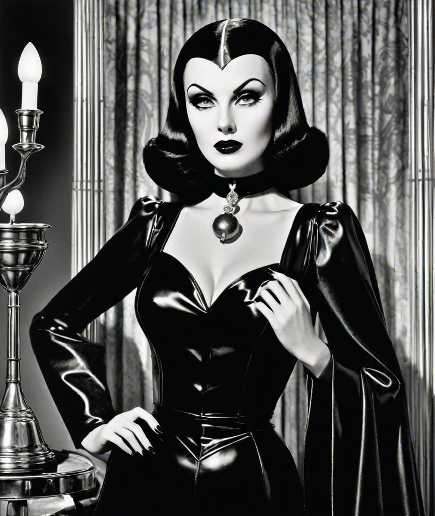 Prompt: intriguing medieval grunge fantasy, Vampira in Plan 9 from Outer Space in fornasetti style, by laurie simmons