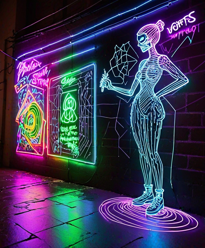 Prompt: hologram a pixar style cartoon but made for adults of a skinny thug creature spraying graffiti wireframe hologram string at a wall and painting a string light artwork out of neon glow thread that represent an angry stick woman, light artwork, wireframe hologram