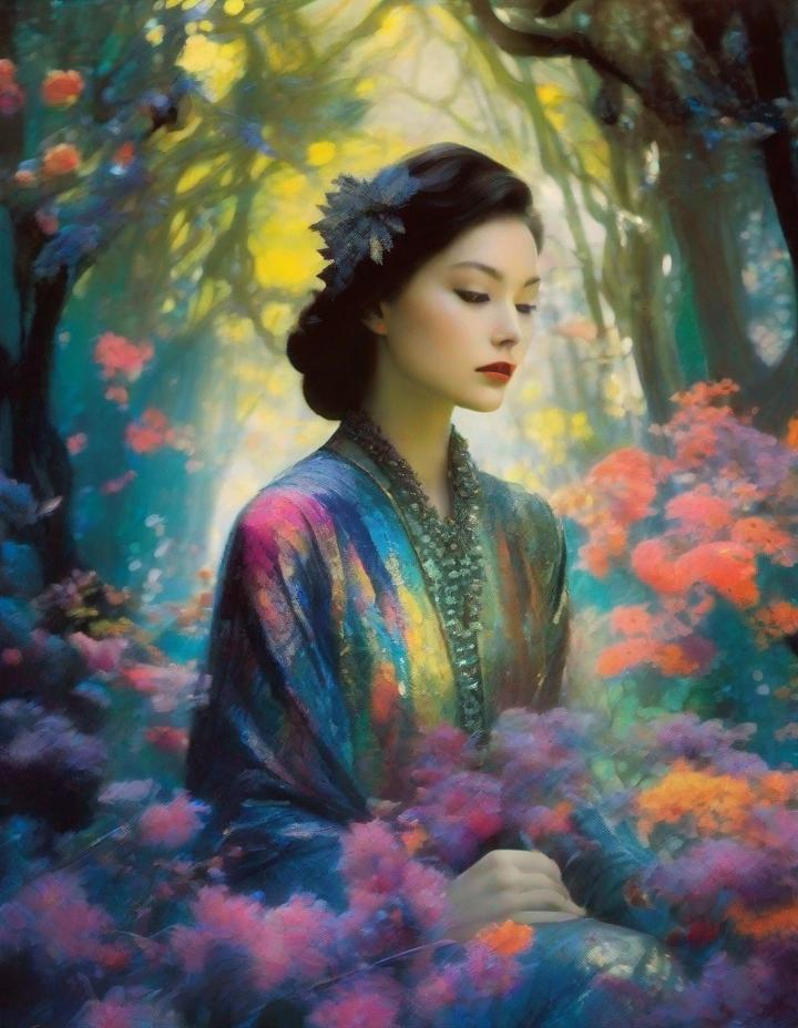 Prompt: Lovely pretty beautiful young lady, beautiful face, in a magical whimsical fashion forest in bloom art art by  Edward Steichen, Yves Saint-Laurent, Paolo Roversi, Thomas Edwin Mostyn, Hiro isono, James Wilson Morrice, Axel Scheffler, Gerhard Richter, pol Ledent, Robert Ryman. Guache Impasto and volumetric lighting. Mixed media, elegant, intricate, beautiful, award winning, fantastic view, 4K 3D, high definition, hdr, focused, iridescent watercolor and ink