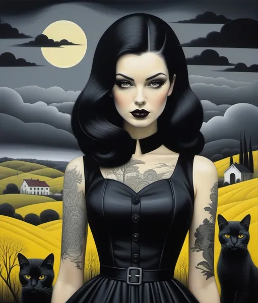 Prompt: Vladimir Tretchikoff, Jessica Galbreth, Ruben Ireland, John Lovet, Paolo Uccello, Ghostly beautiful eccentric girl, rockabilly fashion hair style, wearing a strange asymmetrical black dress with white random stitches, holding a creepy cute yellow cat, a encaustic gothic dreamy landscape background, Stormy grey sky, by Sam Chivers, piercing odd colored eyes