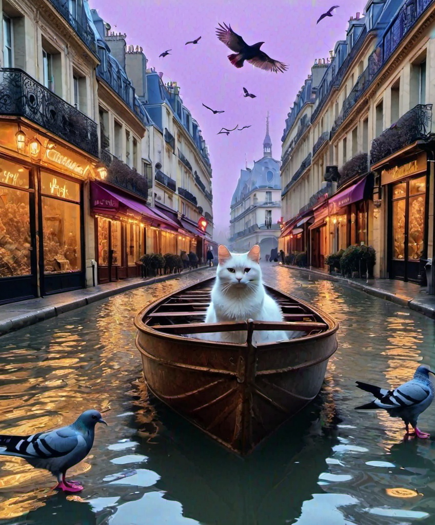 Prompt: 🦀 flood water in paris, cat among pigeons, 🎆 ethereal fashion garage sale holy ark of covenant discovery, gold gilded details I feel (I feel) the lavender haze creepin' up on me , shimmering, photography by annie leibovitz, Ori Gherst,Animorphia - Kerby Rosanes, James christensen , 16K HD, sharp focus, attention to details 