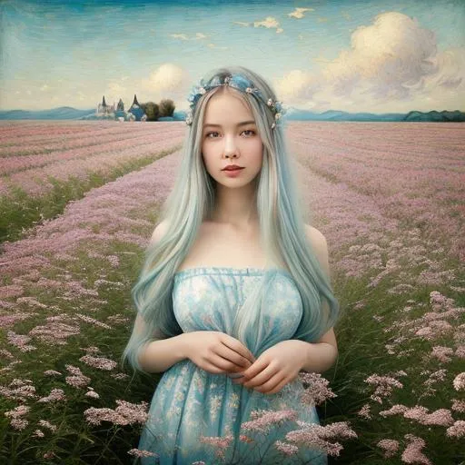 Prompt: A very pretty dreamy girl, beautiful face, upturned hazel eyes, long floating ombre platinum silver and blue hair in a field of flowers art by Lin Fengmian, Anna dittmann, Justin Gaffrey, John Lowrie Morrison, Patty Maher, John Ruskin, Chris Friel, van Gogh, Valerie Hegarty, endre penovac. 3d, soft colors watercolors and ink, beautiful, fantastic view, extremely detailed, intricate, best quality, highest definition