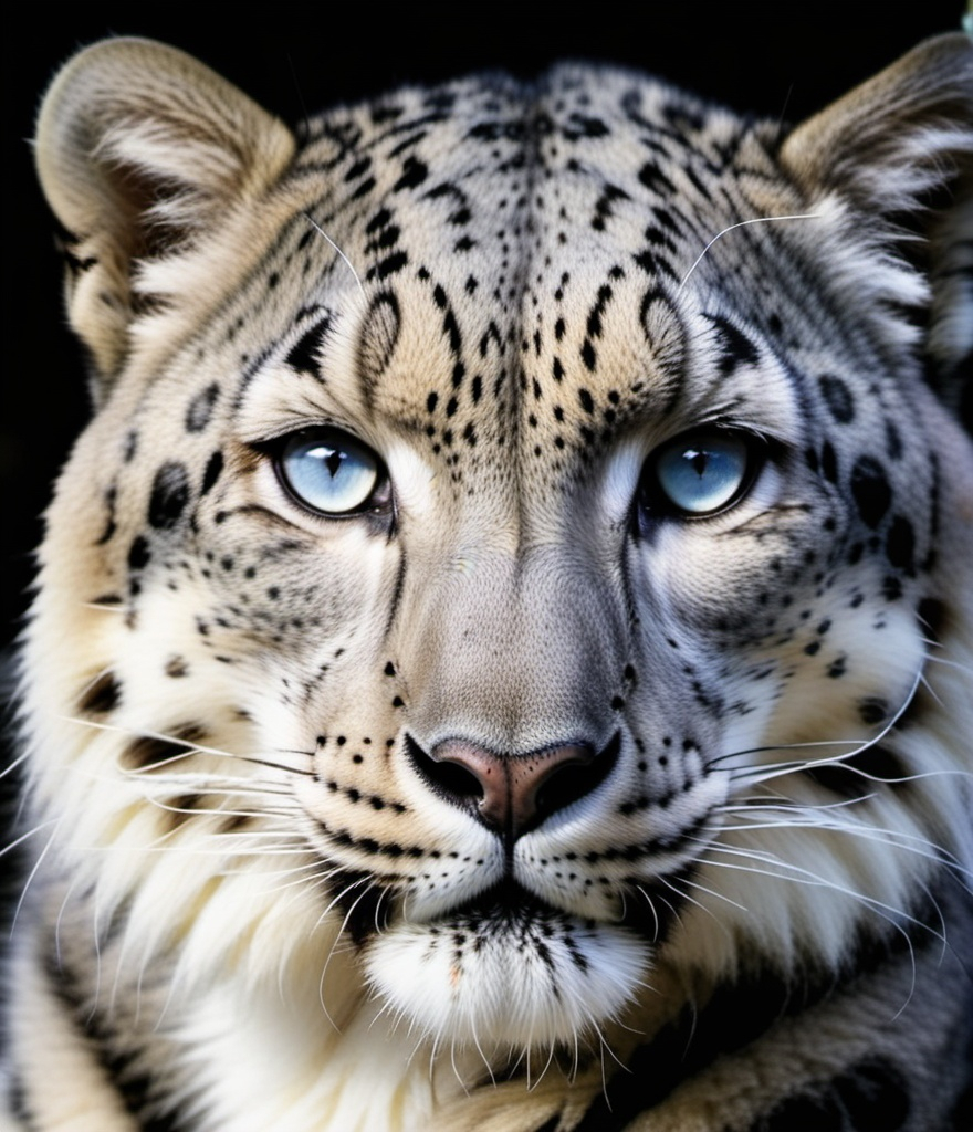 Wisteria-Eyed Snow Leopard Against Solid Black Backg...