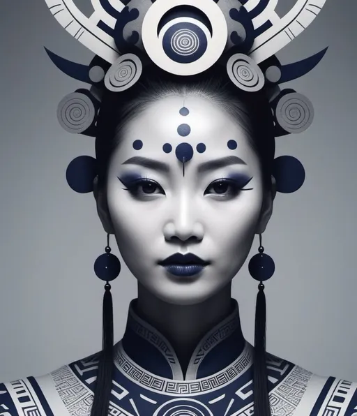 Prompt: halftone, chinese woman on the head and body makeup, in the style of tribal abstraction, dark navy and light gray, strong facial expression, solapunk, haunting elegance, exaggerated facial features, zeen chin