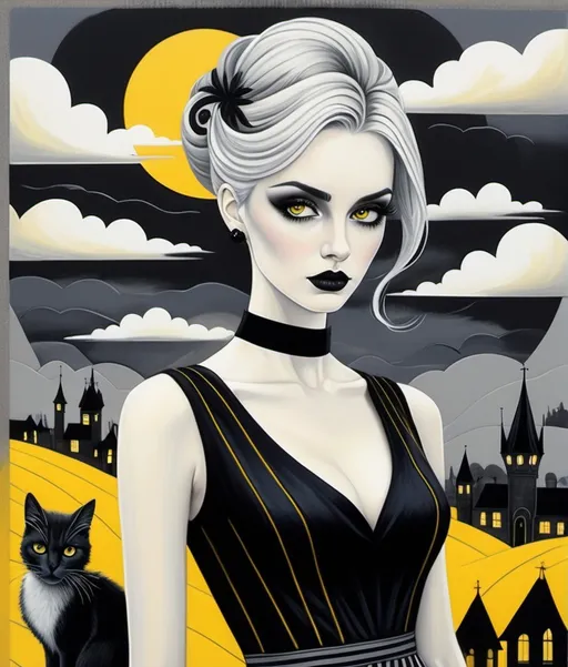 Prompt: Illustration art by Russell Young, Jessica Galbreth, Ruben Ireland, Paolo Uccello, Ghostly beautiful eccentric girl, rockabilly fashion hair style, wearing a strange asymmetrical black dress with white random stitches, holding a creepy cute yellow stripes cat, a encaustic gothic dreamy landscape background, Stormy grey sky by Sam Chivers, piercing odd colored eyes