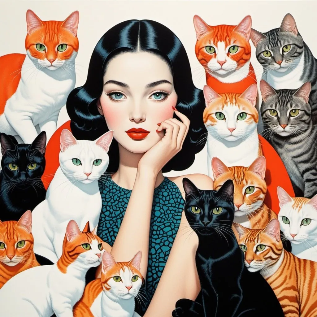 Prompt: The very pretty girl, She likes cats a lot, an unreasonable amount of cats, vivid thick colors, louis icart, Javier Mariscal, Lee Mullicanz Lucien Clergue, Lin Fengmian, John Reuss, Olimpia Zagnoli, Simen Johan, Harumi Hironaka, Anna Silivonchik, Norman McLaren