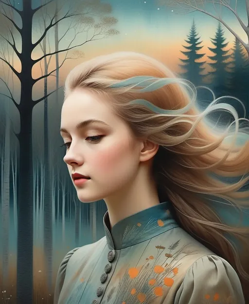 Prompt: The beautiful darling young lady with blowing hair art by Omar Galliani, Winifred Nicholson, Molly Harrison. Gritty patina texture, gradient luminous inking colors, Dreamy atmosphere, twilight sky, Whimsical forest background, Extremely detailed, intricate, beautiful. 
