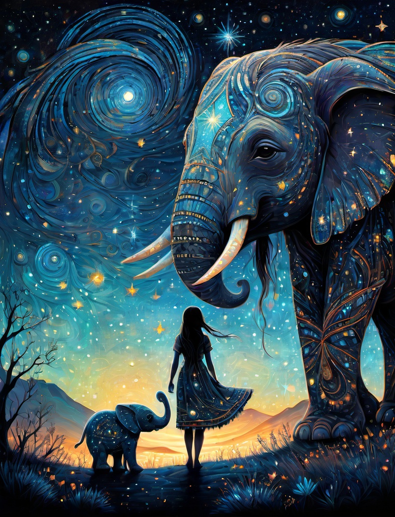 Prompt: The native american pretty girl wearing her starry clothes with her cute elephant friend. In style of james r eads,  Sam Toft, Anna dittmann, Justin Gaffrey, John Lowrie Morrison, Patty Maher, John Ruskin, Chris Friel, van Gogh. 3d, extremely detailed, intricate cinematic lighting, high definition 