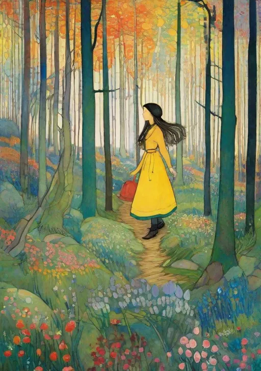 Prompt: Lovely pretty beautiful young lady, beautiful face, in a magical colorful forest Illustration art by Ferdinand Hodler, Sam Toft, Yulia Brodskaya, Iwona Lifsches, Edward Julius Detmold, Thomas Edwin Mostyn, Hiro isono, James Wilson Morrice, Axel Scheffler, Gerhard Richter, pol Ledent, Robert Ryman. Guache Impasto and volumetric lighting. Mixed media, elegant, intricate, beautiful, award winning, fantastic view, 4K 3D, high definition, hdr, focused, iridescent watercolor and ink