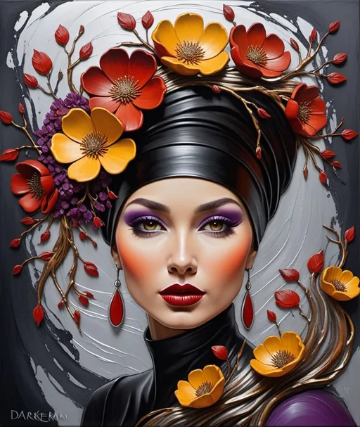 Prompt: inspired by Daarken, Caia Koopman, endre penovac, Figurative naive art, craquelure texture painting of a woman with sculptural hair turban made of branches and gradient red yellow purple impasto flowers flowing in the wind, wearing a black high neck dress, abstract silver copper patina background, highly detailed digital painting, a fine art painting