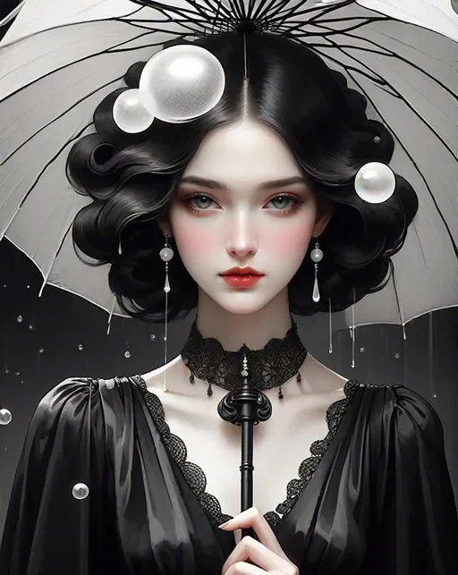 Prompt: illustration of girl with an umbrella, in the style of surrealist-inspired works, dark white and black, jewelry by painters and sculptors, vienna secession, elegant, emotive faces, bubble goth, subtle playfulness 
